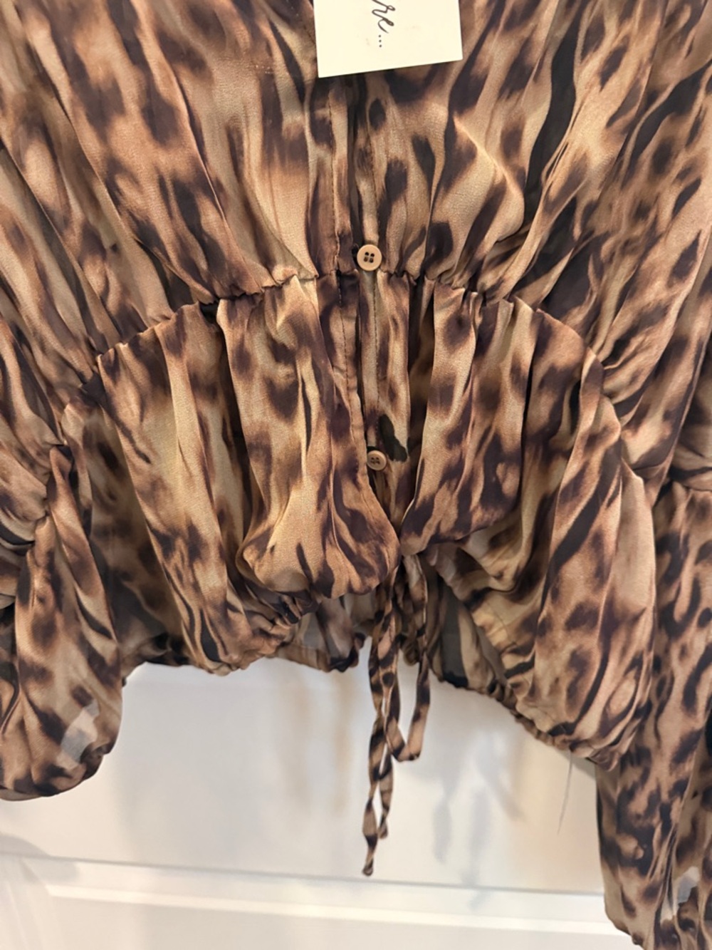 12th Tribe Leopard Print Ruffled V-Neck Blouse in Brown and Tan - Picture 4 of 16